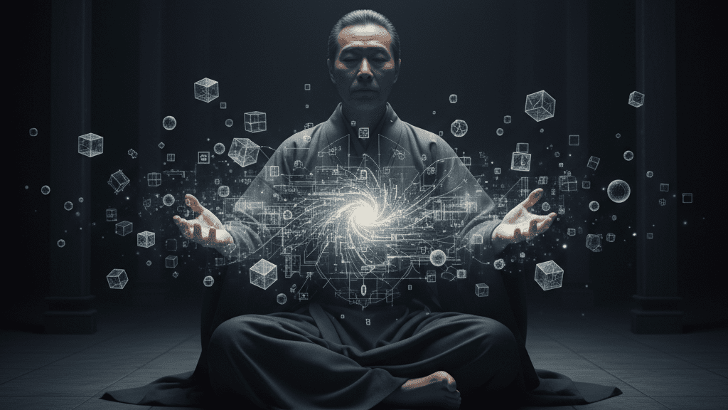 Cinematic, hyper-realistic photo of a 50-year-old Japanese person in a meditative posture within a dark, minimalist space. Bright, geometrically perfect energy blocks (representing reality) flow and are actively being sculpted from their body. The internal space is filled with glowing, complex architectural blueprints. 16:9. No text, no characters, no symbols.