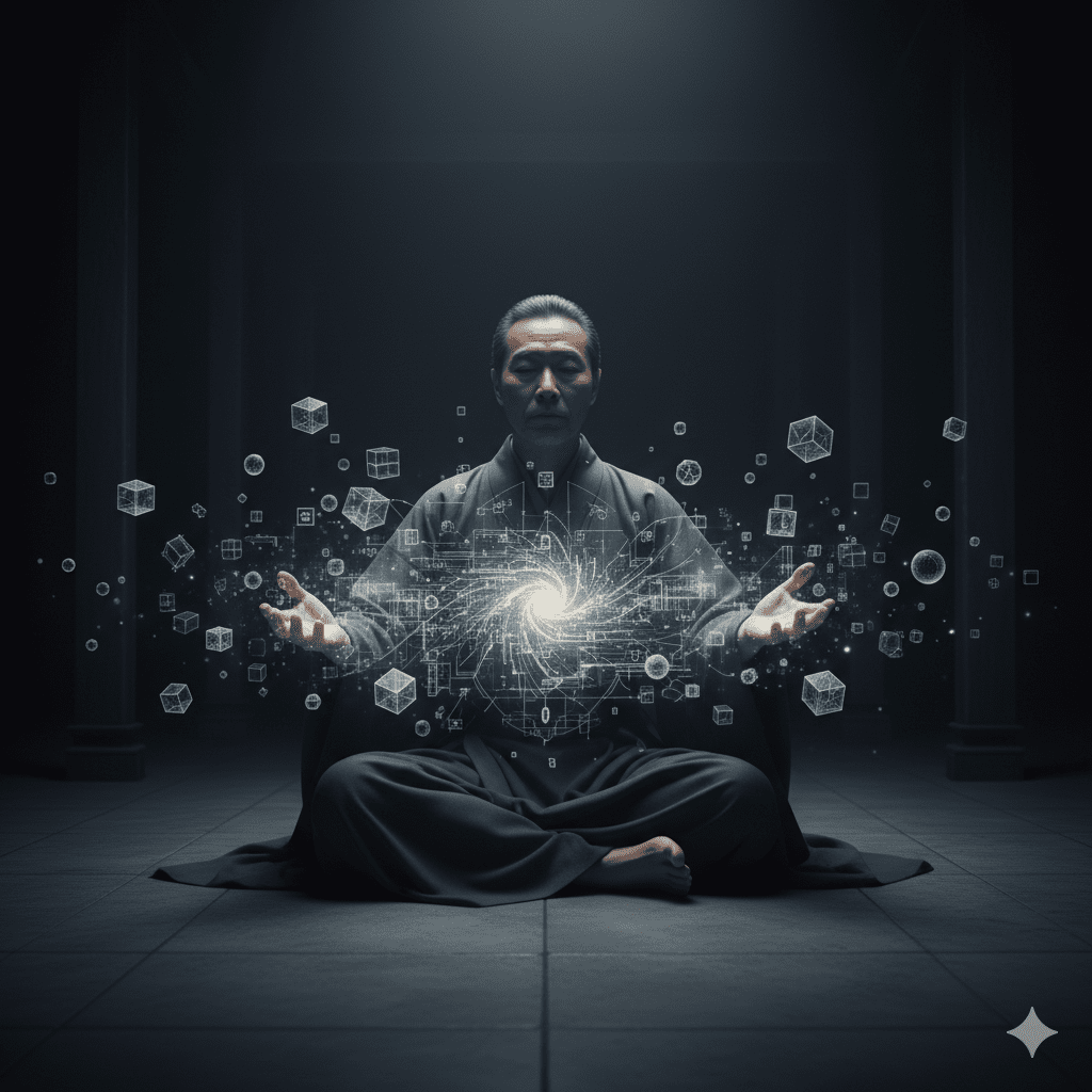 Cinematic, hyper-realistic photo of a 50-year-old Japanese person in a meditative posture within a dark, minimalist space. Bright, geometrically perfect energy blocks (representing reality) flow and are actively being sculpted from their body. The internal space is filled with glowing, complex architectural blueprints. 16:9. No text, no characters, no symbols.